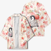 Sweet Crime Cute Penguin Holding Knife Kimono Funny Strawberry Cake Graphic With Pastel Dessert Pattern