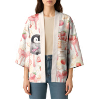 Sweet Crime Cute Penguin Holding Knife Kimono Funny Strawberry Cake Graphic With Pastel Dessert Pattern