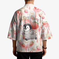 Sweet Crime Cute Penguin Holding Knife Kimono Funny Strawberry Cake Graphic With Pastel Dessert Pattern