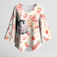 Sweet Crime Cute Penguin Holding Knife Kimono Sleeve Blouse Funny Strawberry Cake Graphic With Pastel Dessert Pattern