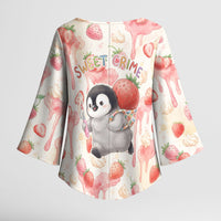 Sweet Crime Cute Penguin Holding Knife Kimono Sleeve Blouse Funny Strawberry Cake Graphic With Pastel Dessert Pattern