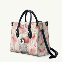 Sweet Crime Cute Penguin Holding Knife Leather Bag Funny Strawberry Cake Graphic With Pastel Dessert Pattern
