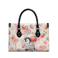 Sweet Crime Cute Penguin Holding Knife Leather Bag Funny Strawberry Cake Graphic With Pastel Dessert Pattern