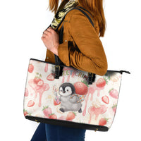 Sweet Crime Cute Penguin Holding Knife Leather Tote Bag Funny Strawberry Cake Graphic With Pastel Dessert Pattern