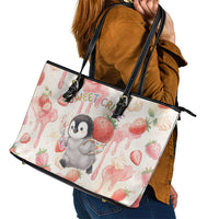 Sweet Crime Cute Penguin Holding Knife Leather Tote Bag Funny Strawberry Cake Graphic With Pastel Dessert Pattern
