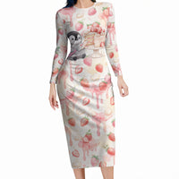 Sweet Crime Cute Penguin Holding Knife Long Sleeve Bodycon Dress Funny Strawberry Cake Graphic With Pastel Dessert Pattern