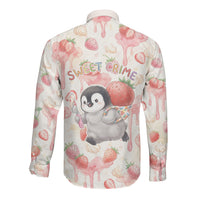Sweet Crime Cute Penguin Holding Knife Long Sleeve Button Shirt Funny Strawberry Cake Graphic With Pastel Dessert Pattern