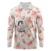 Sweet Crime Cute Penguin Holding Knife Long Sleeve Polo Shirt Funny Strawberry Cake Graphic With Pastel Dessert Pattern