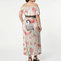 Sweet Crime Cute Penguin Holding Knife Off Shoulder Maxi Dress Funny Strawberry Cake Graphic With Pastel Dessert Pattern