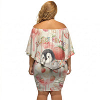 Sweet Crime Cute Penguin Holding Knife Off Shoulder Short Dress Funny Strawberry Cake Graphic With Pastel Dessert Pattern