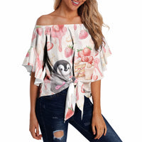 Sweet Crime Cute Penguin Holding Knife Off Shoulder Wrap Waist Top Funny Strawberry Cake Graphic With Pastel Dessert Pattern