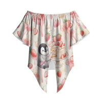 Sweet Crime Cute Penguin Holding Knife Off Shoulder Wrap Waist Top Funny Strawberry Cake Graphic With Pastel Dessert Pattern