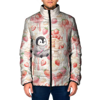 Sweet Crime Cute Penguin Holding Knife Padded Jacket Funny Strawberry Cake Graphic With Pastel Dessert Pattern