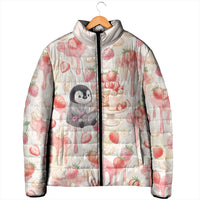 Sweet Crime Cute Penguin Holding Knife Padded Jacket Funny Strawberry Cake Graphic With Pastel Dessert Pattern