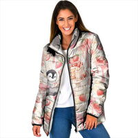 Sweet Crime Cute Penguin Holding Knife Padded Jacket Funny Strawberry Cake Graphic With Pastel Dessert Pattern