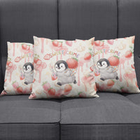 Sweet Crime Cute Penguin Holding Knife Pillow Cover Funny Strawberry Cake Graphic With Pastel Dessert Pattern