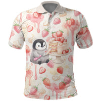 Sweet Crime Cute Penguin Holding Knife Polo Shirt Funny Strawberry Cake Graphic With Pastel Dessert Pattern