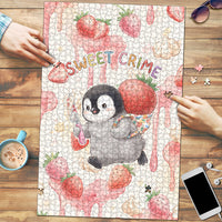 Sweet Crime Cute Penguin Holding Knife Puzzle Funny Strawberry Cake Graphic With Pastel Dessert Pattern