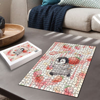 Sweet Crime Cute Penguin Holding Knife Puzzle Funny Strawberry Cake Graphic With Pastel Dessert Pattern