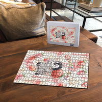 Sweet Crime Cute Penguin Holding Knife Puzzle Funny Strawberry Cake Graphic With Pastel Dessert Pattern