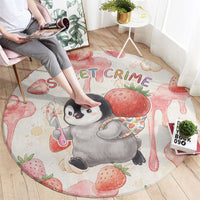 Sweet Crime Cute Penguin Holding Knife Round Carpet Funny Strawberry Cake Graphic With Pastel Dessert Pattern