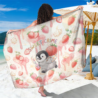 Sweet Crime Cute Penguin Holding Knife Sarong Funny Strawberry Cake Graphic With Pastel Dessert Pattern