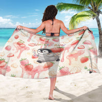 Sweet Crime Cute Penguin Holding Knife Sarong Funny Strawberry Cake Graphic With Pastel Dessert Pattern