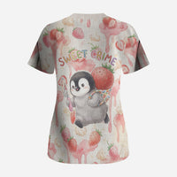Sweet Crime Cute Penguin Holding Knife Scrub Top Funny Strawberry Cake Graphic With Pastel Dessert Pattern