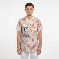 Sweet Crime Cute Penguin Holding Knife Scrub Top Funny Strawberry Cake Graphic With Pastel Dessert Pattern