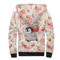 Sweet Crime Cute Penguin Holding Knife Sherpa Hoodie Funny Strawberry Cake Graphic With Pastel Dessert Pattern