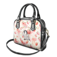 Sweet Crime Cute Penguin Holding Knife Shoulder Handbag Funny Strawberry Cake Graphic With Pastel Dessert Pattern