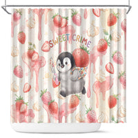 Sweet Crime Cute Penguin Holding Knife Shower Curtain Funny Strawberry Cake Graphic With Pastel Dessert Pattern