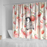 Sweet Crime Cute Penguin Holding Knife Shower Curtain Funny Strawberry Cake Graphic With Pastel Dessert Pattern