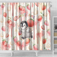 Sweet Crime Cute Penguin Holding Knife Shower Curtain Funny Strawberry Cake Graphic With Pastel Dessert Pattern