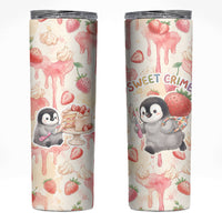 Sweet Crime Cute Penguin Holding Knife Skinny Tumbler Funny Strawberry Cake Graphic With Pastel Dessert Pattern
