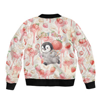 Sweet Crime Cute Penguin Holding Knife Sleeve Zip Bomber Jacket Funny Strawberry Cake Graphic With Pastel Dessert Pattern