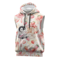 Sweet Crime Cute Penguin Holding Knife Sleeveless Hoodie Funny Strawberry Cake Graphic With Pastel Dessert Pattern