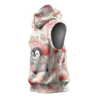 Sweet Crime Cute Penguin Holding Knife Sleeveless Hoodie Funny Strawberry Cake Graphic With Pastel Dessert Pattern