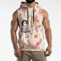 Sweet Crime Cute Penguin Holding Knife Sleeveless Hoodie Funny Strawberry Cake Graphic With Pastel Dessert Pattern