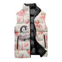 Sweet Crime Cute Penguin Holding Knife Sleeveless Puffer Jacket Funny Strawberry Cake Graphic With Pastel Dessert Pattern