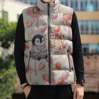 Sweet Crime Cute Penguin Holding Knife Sleeveless Puffer Jacket Funny Strawberry Cake Graphic With Pastel Dessert Pattern