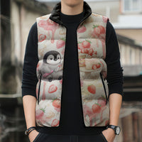 Sweet Crime Cute Penguin Holding Knife Sleeveless Puffer Jacket Funny Strawberry Cake Graphic With Pastel Dessert Pattern