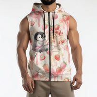 Sweet Crime Cute Penguin Holding Knife Sleeveless Zip Hoodie Funny Strawberry Cake Graphic With Pastel Dessert Pattern