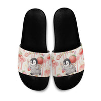Sweet Crime Cute Penguin Holding Knife Slide Sandals Funny Strawberry Cake Graphic With Pastel Dessert Pattern