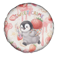 Sweet Crime Cute Penguin Holding Knife Spare Tire Cover Funny Strawberry Cake Graphic With Pastel Dessert Pattern