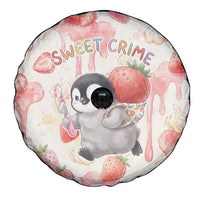Sweet Crime Cute Penguin Holding Knife Spare Tire Cover Funny Strawberry Cake Graphic With Pastel Dessert Pattern