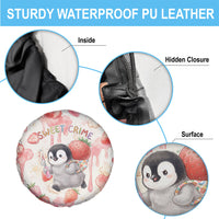 Sweet Crime Cute Penguin Holding Knife Spare Tire Cover Funny Strawberry Cake Graphic With Pastel Dessert Pattern