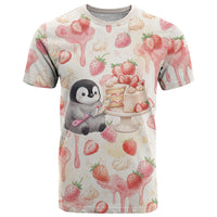 Sweet Crime Cute Penguin Holding Knife T Shirt Funny Strawberry Cake Graphic With Pastel Dessert Pattern