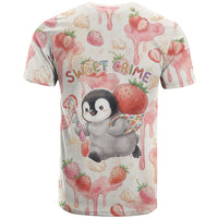 Sweet Crime Cute Penguin Holding Knife T Shirt Funny Strawberry Cake Graphic With Pastel Dessert Pattern