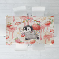 Sweet Crime Cute Penguin Holding Knife Tablecloth Funny Strawberry Cake Graphic With Pastel Dessert Pattern